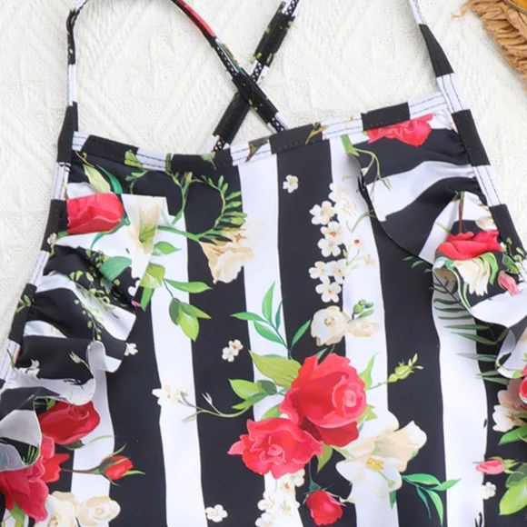 New Floral Striped Ruffled Tie Back One-Piece Swimsuit - Picture 3 of 4